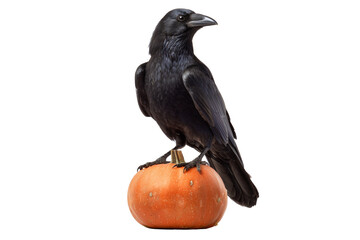 A Halloween raven perched on a pumpkin lantern, isolated on a transparent background.