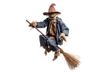 A Halloween scarecrow riding a broomstick, isolated on a transparent background.