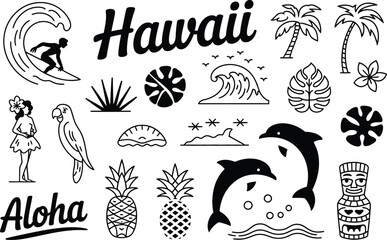 Aloha Hawaii vector art featuring tropical icons like surfing, dolphins, palm trees, and hula dancers