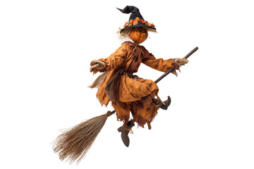 A Halloween scarecrow riding a broomstick, isolated on a transparent background.