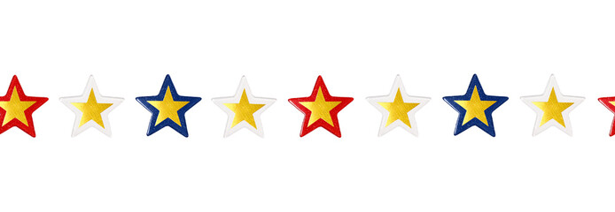 Festive seamless border with colorful glitter stars isolated on white background.