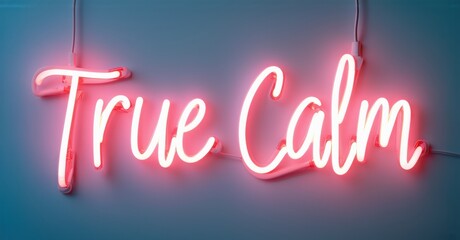 Bright neon sign displays words True Calm. Pink glow contrasts against blue wall. Minimalist aesthetic, peaceful message.