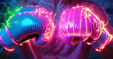 Bright boxing gloves glow vividly. Neon lights illuminate padded surfaces, creating dynamic visual effect. Intense colors dominate dark background.