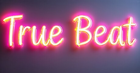 Obraz premium Bright pink neon sign displays True Beat. Background is dark purple gradient. Stylish lettering creates vibrant visual impact.