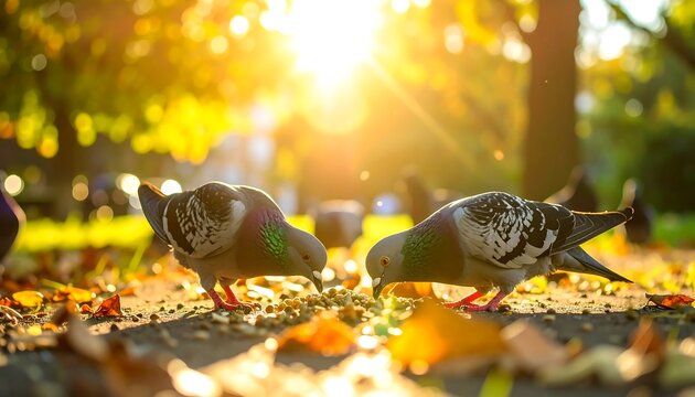 Two pigeons peck at food scattered on a path, sunlight beaming through autumn leaves. Green and gray plumage contrast against the sunlit background, creating a warm, vibrant scene.
