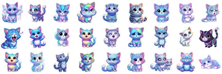 Fototapeta premium Vibrant collection of cute kitten illustrations, playful and expressive, showcasing various emotions and poses against a clean white background.