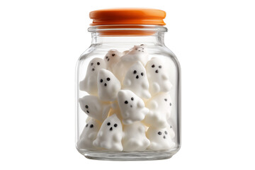 A Halloween jar filled with miniature ghosts, isolated on a transparent background.