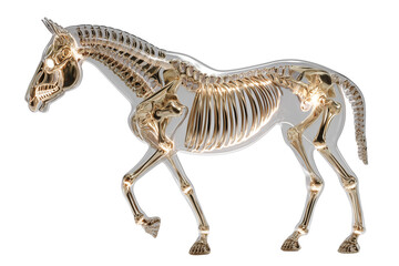 A Halloween skeleton horse with glowing bones, isolated on a transparent background.