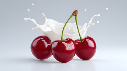 Ripe cherries with milk splash isolated on white backdrop