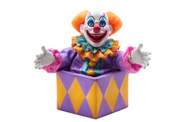 A Halloween clown jack-in-the-box toy, isolated on a transparent background.