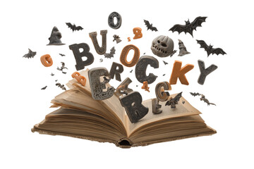 A Halloween book of spells with floating letters, isolated on a transparent background.