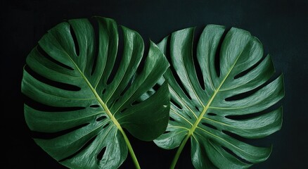 Fototapeta premium Two large, deep green monstera leaves on dark background