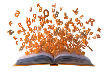 A Halloween book of spells with floating letters, isolated on a transparent background.