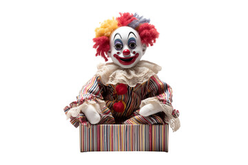 A Halloween clown jack-in-the-box toy, isolated on a transparent background.
