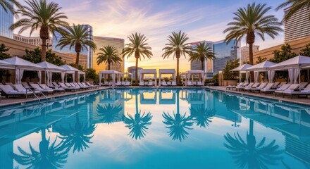 Fototapeta premium Serene pool oasis at sunset featuring palm trees and modern architecture ambiance