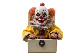A Halloween clown jack-in-the-box toy, isolated on a transparent background.
