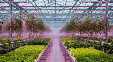 Lush hydroponic farm showcases vibrant rows of healthy greens and ripening tomatoes under LED grow