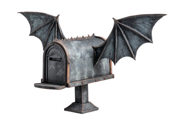 A Halloween creepy mailbox with bat wings, isolated on a transparent background.