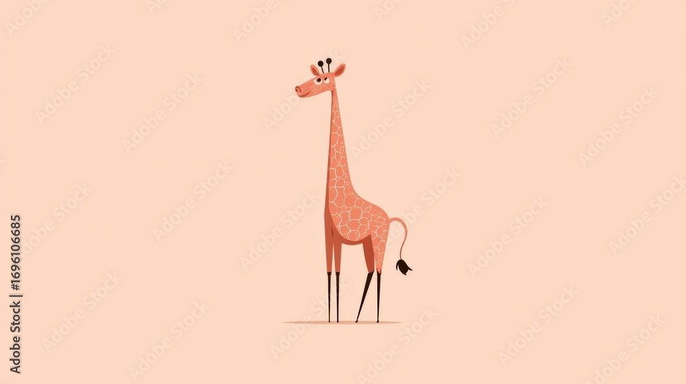 Poster colorful cartoon giraffe standing against a light background with a playful expression and simple de