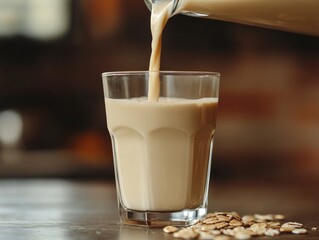 Oat milk being poured into a glass, creamy and smooth