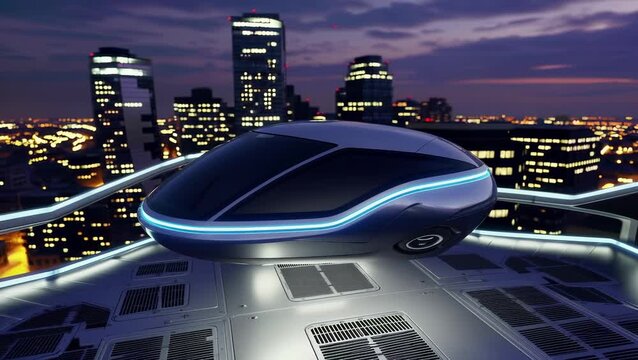 Futuristic Hover Car on Rooftop Helipad in Urban Nightscape