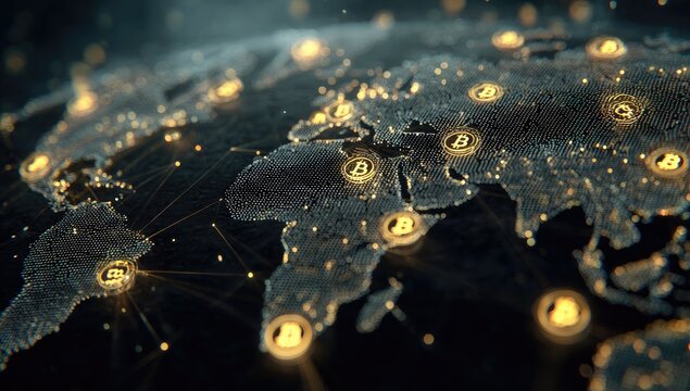 Global interconnected network map with glowing symbols