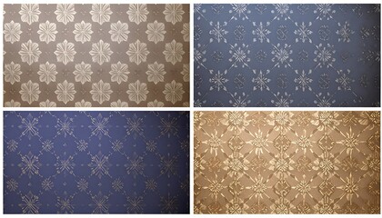 Four quadrants showcase elegant, repeating floral designs on textured backgrounds in various subdued hues.