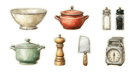 Vintage Kitchenware Collection with Bowls, Pots, and Accessories on Transparent Background