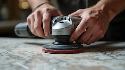 Artisan Calloused Hands Operating Handheld Grinder Diamond Pad