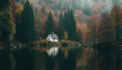 Fototapeta premium Tranquil cabin by a lake in autumn