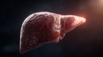 realistic 3D render of human liver isolated on dark background with soft rim light educational medical illustration illustration concept scene visual for commercial design use high detail quality