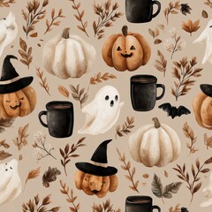 Cute seamless watercolor pattern for Halloween pastel background with smiling jack-o'-lanterns, white pumpkins, autumn leaves, ghosts, bats, witch hats