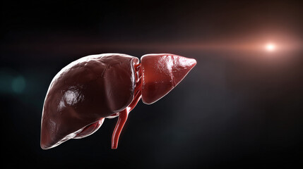 realistic 3D render of human liver isolated on dark background with soft rim light educational medical illustration illustration concept scene visual for commercial design use high detail quality