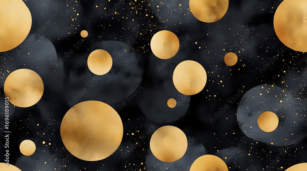 Poster golden metallic circles and spheres floating on dark background with glitter and bokeh effect create
