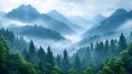 Fototapeta premium Majestic panoramic mountain range with layers of fog creating a dreamlike atmosphere