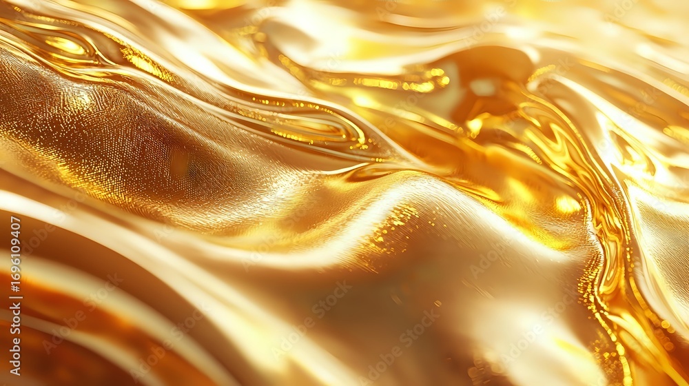 Poster luxurious flowing gold liquid metal surface with smooth waves and ripples creates elegant abstract b