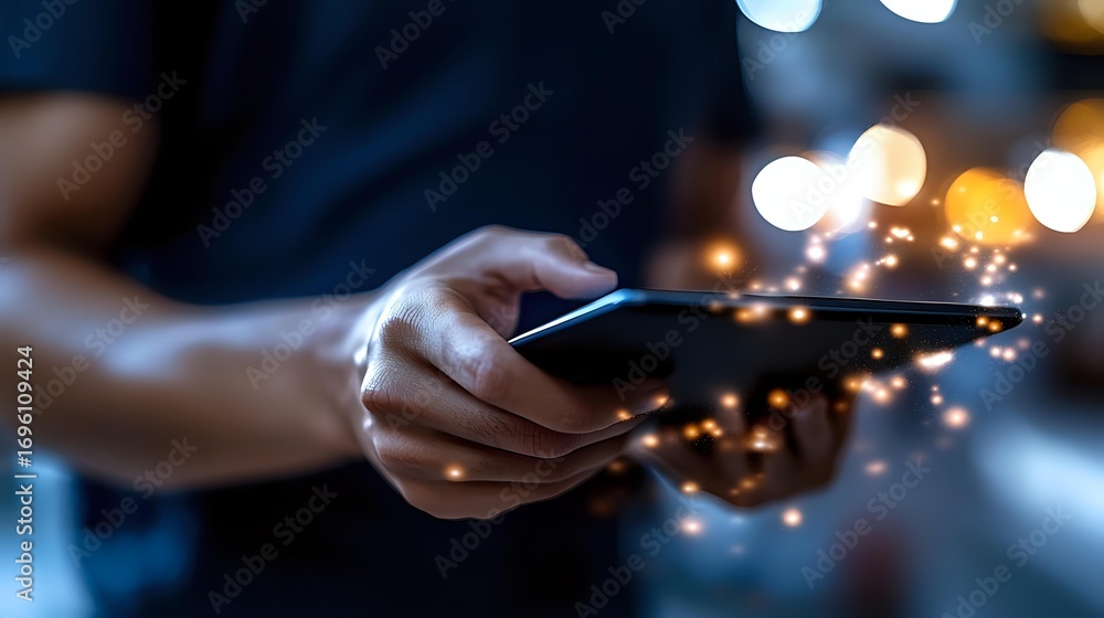 Poster person holding smartphone in dark environment with glowing bokeh lights creating magical atmosphere.