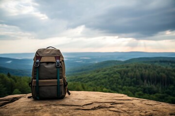 Adventure backpack resting on rocky cliff overlooking verdant forest landscape under dramatic cloudy sky
