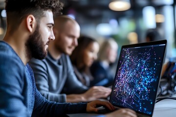 Young Hispanic businessman analyzing digital data visualization on laptop screen during team meeting in modern office environment. Suitable for tech and finance.