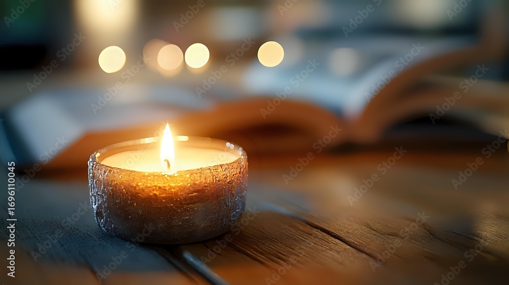 Poster glowing candle flame in rustic holder on wooden surface with open book and soft bokeh lights creatin