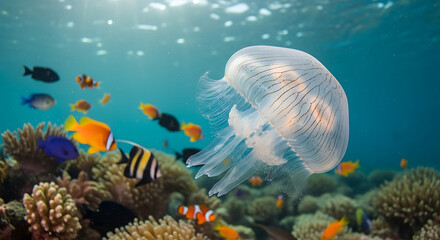 Obraz premium Jellyfish and tropical fish in coral reef