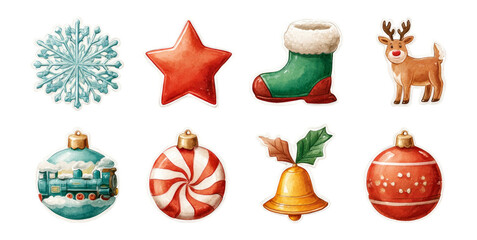 Fototapeta premium Colorful and Festive Christmas Symbols in Watercolor Style with Transparent Background