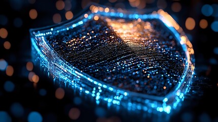 Glowing digital shield protection symbol with blue light effects and bokeh background, representing cybersecurity and data protection in modern technology.