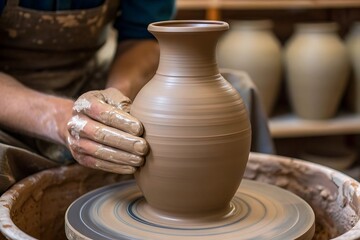 Artisan hands shaping clay on a pottery wheel crafting a beautiful vase with traditional techniques