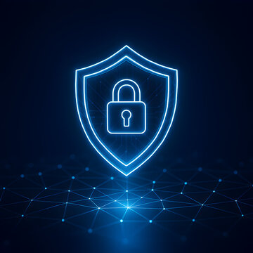 Cybersecurity Shield with Padlock, Neon Blue Hologram on Dark Network Grid, Copy Space