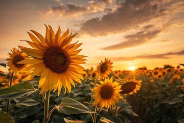 Obraz premium Vibrant field of sunflowers at golden hour with dramatic sunset sky and clouds