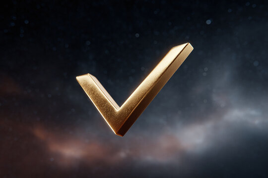 Golden check mark floating against a dark, ethereal background. Symbolizes success, validation, or approval. Great for business, technology, or finance concepts.