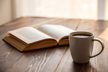 Cozy morning scene open book and coffee cup on wooden table relaxing reading leisure activity peaceful moment