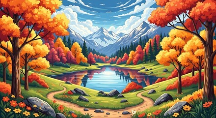 Artistic illustration of a fall season wonderland, a peaceful mountain lake reflecting the vibrant autumn forest and clear blue sky