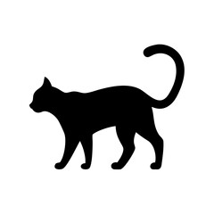 Simple Black Cat Silhouette Walking with Tail Up Against White Background